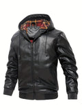 kkboxly  Men's Pu Leather Trendy Hooded Jacket, Windproof Warm Thermal Jacket For Autumn Winter