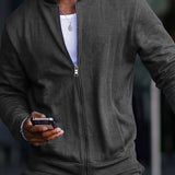 Elegant Full Zip Up Slightly Stretch Cardigan Jacket, Men's Casual Vintage Style Solid  Sweater Streetwear Coat For Fall Winter