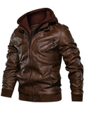 kkboxly  Men's PU Leather Hooded Pockets Zipper Long Sleeves Jackets