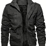 kkboxly Warm Plush Fleece Cotton Jacket, Men's Casual Zipper Pockets Stand Collar Jacket Coat For Fall Winter