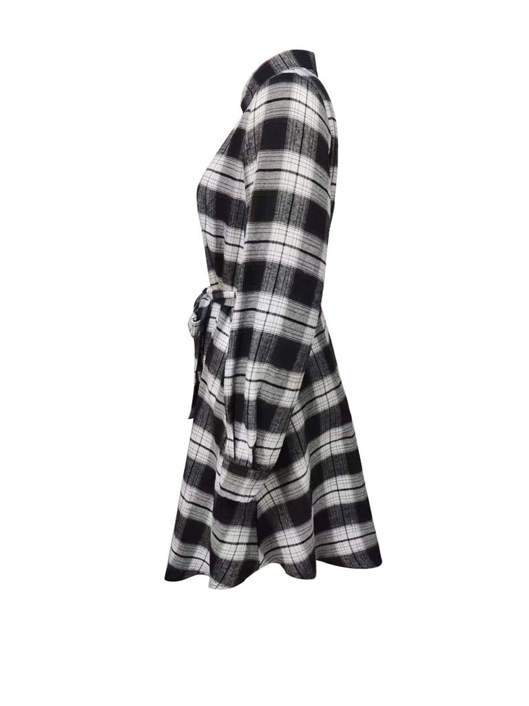 kkboxly  Plaid Print Button Dress, Casual Tie Waist Long Sleeve Dress, Women's Clothing
