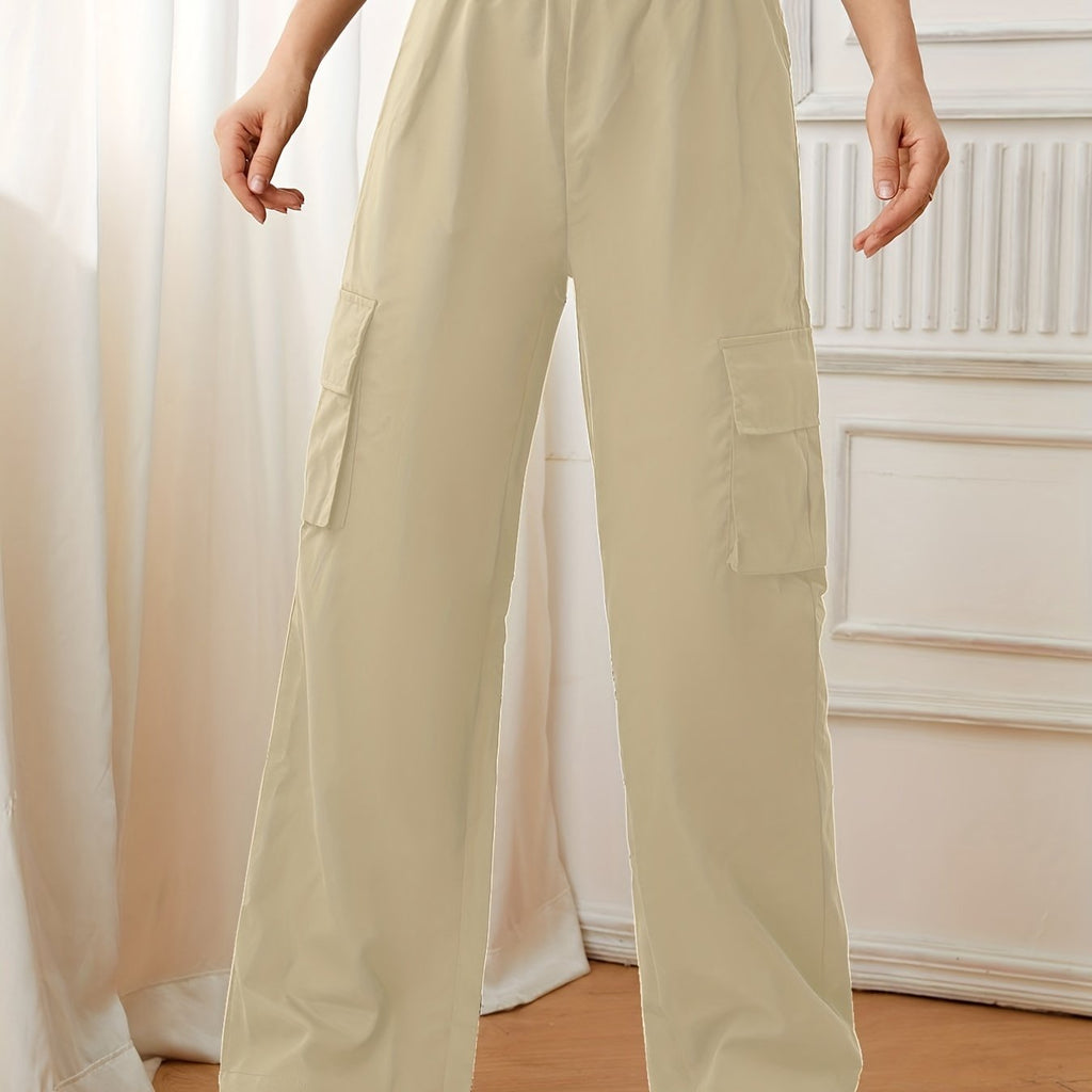 kkboxly  Flap Pockets Straight Leg Cargo Pants, Casual High Waist Pants, Women's Clothing