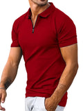 kkboxly  Solid Color Men's Casual Short Sleeves Zipper Graphic Polo Shirts, Lapel Collar Tops Pullovers, Men's Clothing For Summer