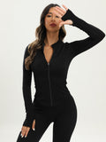 kkboxly  Black Full-zipper Yoga Jacket, Long Sleeve Hollow Out Slim Fitted Sports Top, Women's Activewear