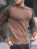 Waffle Trendy Patchwork Sweatshirt, Men's Casual Ethnic Pattern Sleeves Crew Neck Sweatshirt For Men Fall Winter