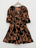 kkboxly  Geometric Print Ruched Dress, Casual Plunging Puff Sleeve Dress For Spring & Summer, Women's Clothing
