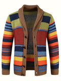Elegant High Stretch Ethnic Retro Cardigan, Men's Casual Vintage Style V Neck Button Up Cardigan Sweater Coat For Fall Winter
