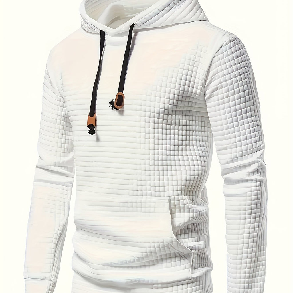 Plus Size Men's Solid Waffle Hooded Sweatshirt For Spring Fall, Men's Clothing