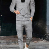 kkboxly  Waffle Pattern Men's 2Pcs Outfits, Casual V Neck Long Sleeve Pullover Sweatshirt And Drawstring Tapered Trousers Joggers Set For Spring Fall, Men's Clothing