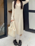 kkboxly  Solid Long Sleeve Knit Dress, Chic Notch Neck Midi Length Dress, Women's Clothing