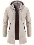kkboxly  Warm Mid-length Hooded Fleece Coat, Men's Comfortable Solid Color Zip Up Knitted Cardigan For Spring Fall