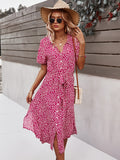 kkboxly  Sexy Floral Print Dress, Casual Short Sleeve V-neck Waist Belt Button Spring & Summer Dresses, Women's Clothing