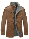 Men's Warm Fleece PU Jacket For Fall Winter, Casual Button Up Stand Collar Faux Leather Jacket