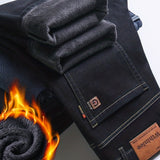kkboxly  Warm Fleece Straight Leg Jeans For Business, Men's Casual Stretch Thick Denim Pants For Fall Winter