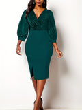 kkboxly  Elegant Skinny Shiny Dress, Long Sleeve V-neck Dress For Party & Banquet, Women's Clothing