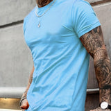 kkboxly  Classic Design Black Solid Top Casual Mid Stretch Short Sleeve Crew Neck Graphic T-shirt, Men's Tee For Summer Outdoor
