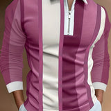 kkboxly  Men's Stripe Long Sleeve Zip Polo Shirt, Men's Clothing