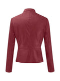 kkboxly  Solid Zipper Front Faux Leather Crop Jacket, Casual Long Sleeve Lightweight Jacket For Fall & Spring, Women's Clothing