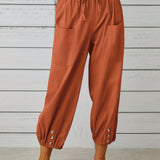 kkboxly  Patched Pockets Button Front Crop Pants, Casual Loose Pants For Spring & Summer, Women's Clothing