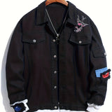kkboxly  Bird Embroidery Denim Jacket, Men's Casual Flap Pocket Button Up Jacket For Fall Winter