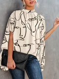 kkboxly Abstract Face Print Blouse, Casual Cape Sleeve Bow Tie Blouse, Women's Clothing