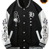kkboxly  Warm Letter Print Star Pattern Embroidery Varsity Jacket, Men's Casual Color Block Button Up Jacket For Spring Fall School Baseball