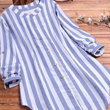 kkboxly  Plus Size Casual Blouse, Women's Plus Stripe Print Button Up Round Neck Long Sleeve Blouse