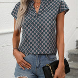 kkboxly  Allover Print Blouse, Casual V Neck Short Sleeve Versatile Blouse, Women's Clothing