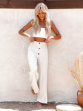 kkboxly  Smocked Waist Wide Leg Pants, Casual Loose Button Front Pants For Spring & Summer, Women's Clothing