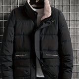 kkboxly  Fashionable Men's Stand Collar Zipper Snap Button Solid Fleece Winter Jacket,Suitable For Winter,Street Outdoor,Comfortable,Warm And Versatile