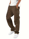 kkboxly  Trendy Solid Cotton Blend Cargo Pants, Men's Multi Flap Pocket Trousers, Loose Casual Outdoor Pants, Men's Work Pants Outdoors Streetwear Hip Hop Style