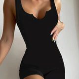 kkboxly  Solid Notched Neck Romper Jumpsuit, Casual Sleeveless Romper Jumpsuit, Women's Clothing