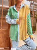kkboxly  Striped Open Back Shirt, Sexy Color Block Button Down Long Sleeve Shirt, Women's Clothing