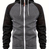 kkboxly  Men's Casual Zip Up Hoodie, Color Block Hooded Jacket For Sports