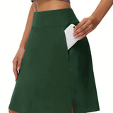 Tennis Sports Mid-Length Skorts, Soft Breathable Quick Drying Yoga Fitness Golf Skirts With Phone Pocket