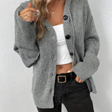 kkboxly  Button Up Drawstring Hooded Cardigan, Causal Solid Long Sleeve Cardigan For Spring & Fall, Women's Clothing