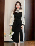 kkboxly  Split Hem Dress, Elegant Long Sleeve Slim Ruched Midi Dress, Women's Clothing