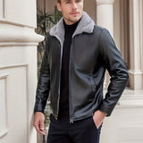 kkboxly  Warm Fleece PU Jacket, Men's Casual Solid Color Zip Up Lapel Faux Leather Jacket For Fall Winter