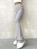 kkboxly  Solid Ribbed Flare Leg Pants, High Waist Slim Elastic Pants, Women's Clothing