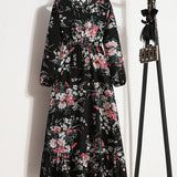 Kkboxly  Bohemian Polka Dot Print Long Dress, Ruffle Hem Round Neck Long Sleeve Elastic Waist A-Line Dresses, Women's Clothing