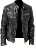 kkboxly  Men's Faux Leather Windbreaker Plain Zipper Stand Collar Long Sleeve PU Jacket For Motorcycle