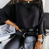 kkboxly  Lace Splicing Batwing Sleeve Blouse, Casual Solid Off Shoulder Summer Blouse, Women's Clothing