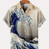 kkboxly  Plus Size Hawaiian Shirt For Men, Funky Casual Button Down Short Sleeve Beach Shirts "Sea Wave" Print Summer Tops