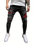 Slim Fit Ripped Cotton Jeans, Men's Casual Street Style Paint Splatter Chain Decor Distressed Mid Stretch Denim Pants For Spring Summer