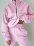 kkboxly  Casual Matching Two-piece Set, Zip Up Sweatshirt  & Solid Sweatpants Outfits, Women's Clothing