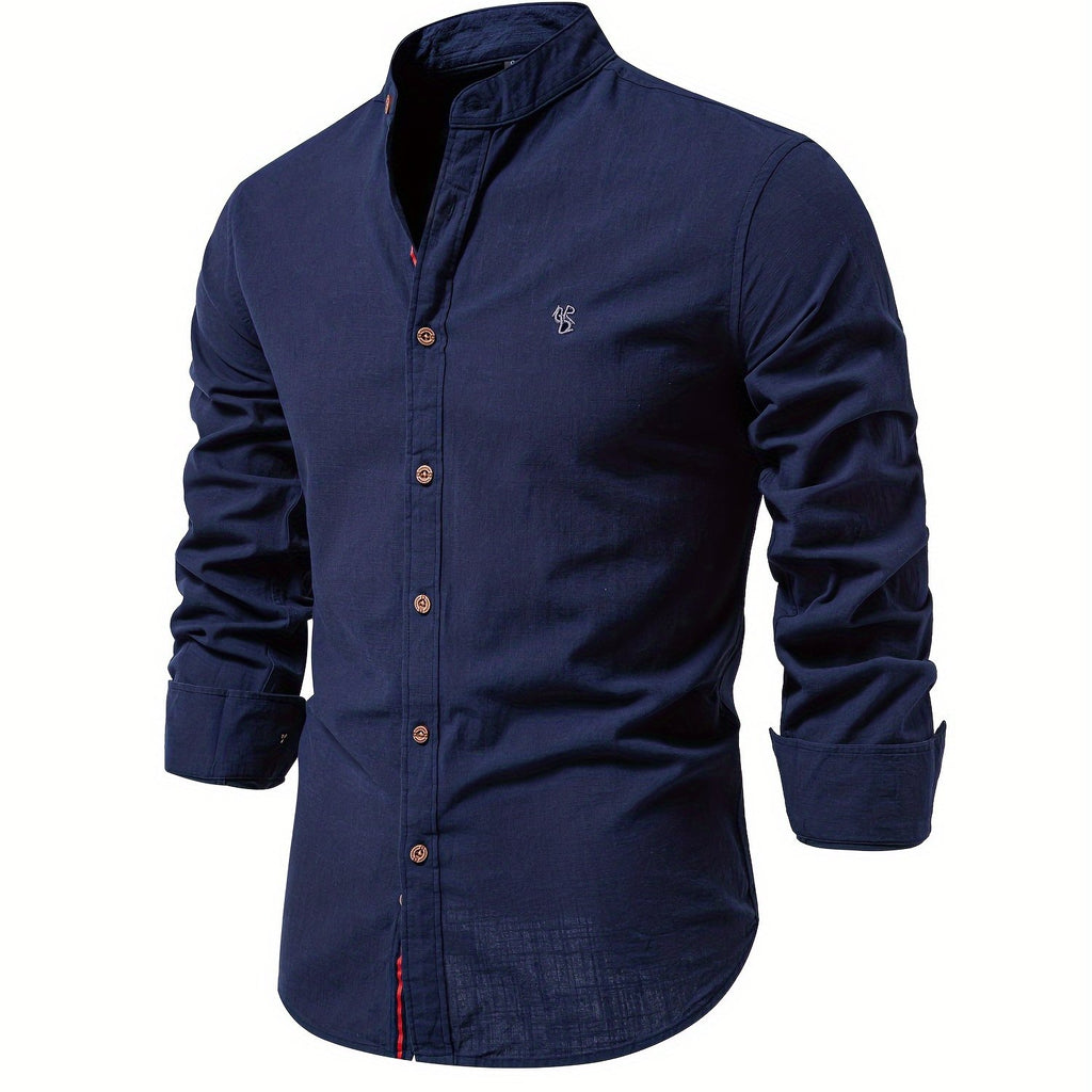kkboxly  Solid Color Men's Cotton Long Sleeve Button Up Shirt With Stand Collar, Spring Fall