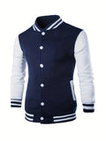 kkboxly  Trendy Varsity Jacket, Men's Casual Color Block Button Up Jacket For Spring Fall School Baseball