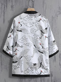 kkboxly  Men's Casual Kimono Style Paisley & Japanese Letter Print Loose Fit Open Front Shirt, Men's Clothes For Summer Vacation Resort Photograph