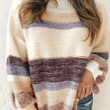 kkboxly  Plus Size Casual Sweater, Women's Plus Colorblock Long Sleeve Round Neck High Stretch Jumper