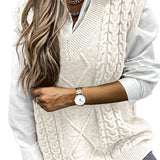 kkboxly  Cable V-Neck Sweater Vests, Casual Loose Sleeveless Fall Winter Knit Sweater Vest, Women's Clothing